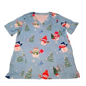 Women's Size Small Christmas Snowman Print Scrub Top, Excellent Condition‎